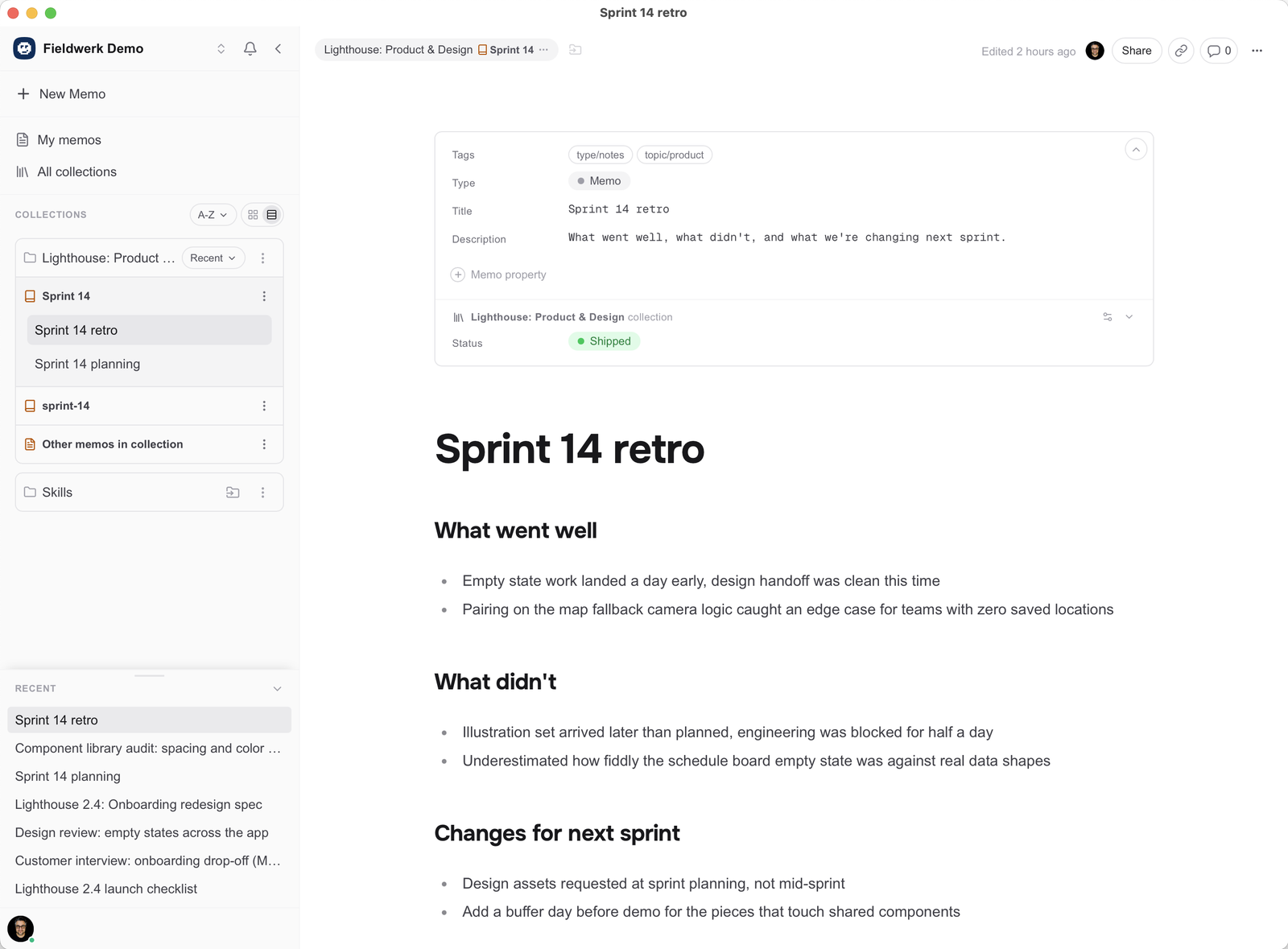 A sprint retro memo in Fieldwerk, with typed properties, headings, and bullet lists.