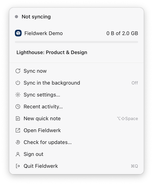 Fieldwerk's menu bar tray, showing sync status alongside quick actions like New quick note and Open Fieldwerk.